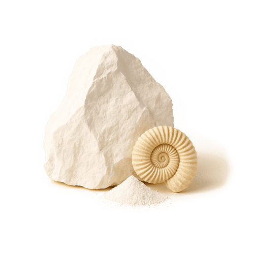 Heller Kreidestein mit kleiner Ammonit-Fossilie und etwas feinem Pulver davor auf weißem Hintergrund.