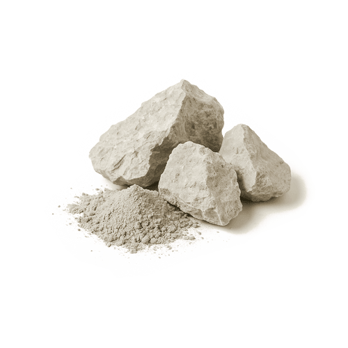 Isoliertes Bild von drei Brocken Zeolith mit Zeolithpulver davor.